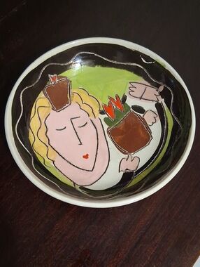 Hand-Painted Decorative Ceramic Bowl — Green, Black, Pink Accents